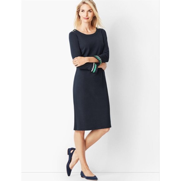 Talbots Dresses & Skirts - Talbots XL Navy Knit Sheath Dress Green Pleated Trim Classy Country Club